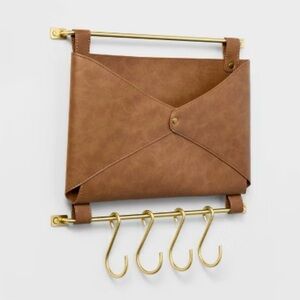Threshold Faux Leather Wall Mounted Mail Holder with Hooks Brown 14" Length